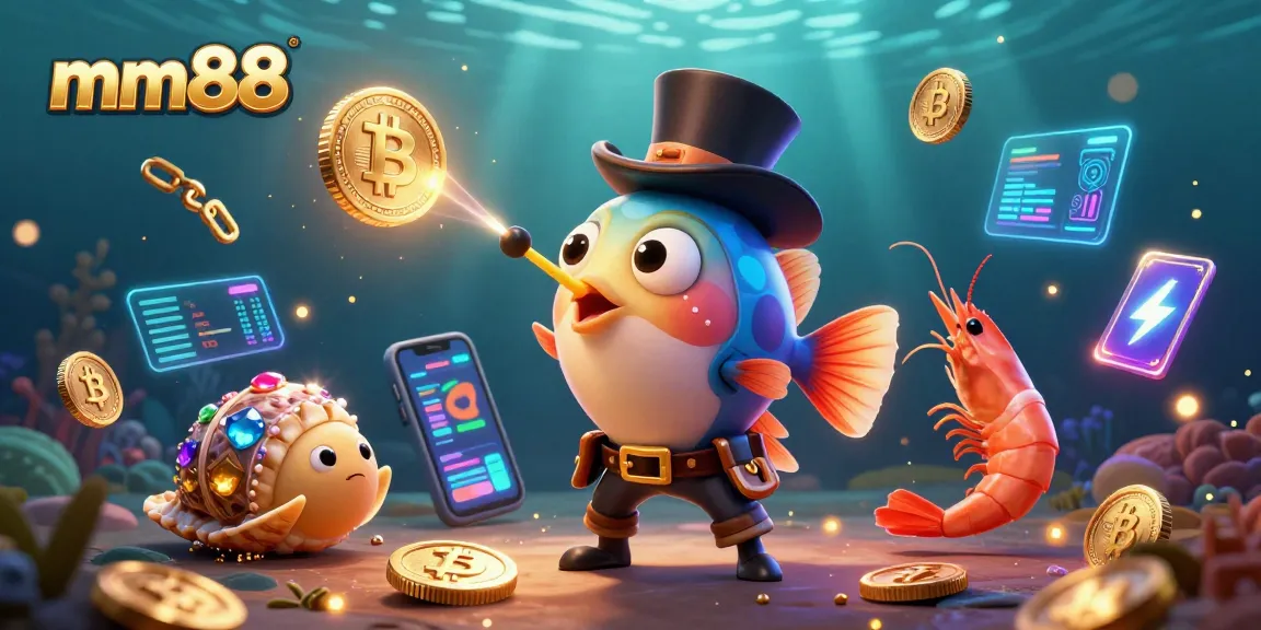 Engage with mm88's vibrant casino world as a glowing anglerfish attracts coins surrounded by crypto elements.