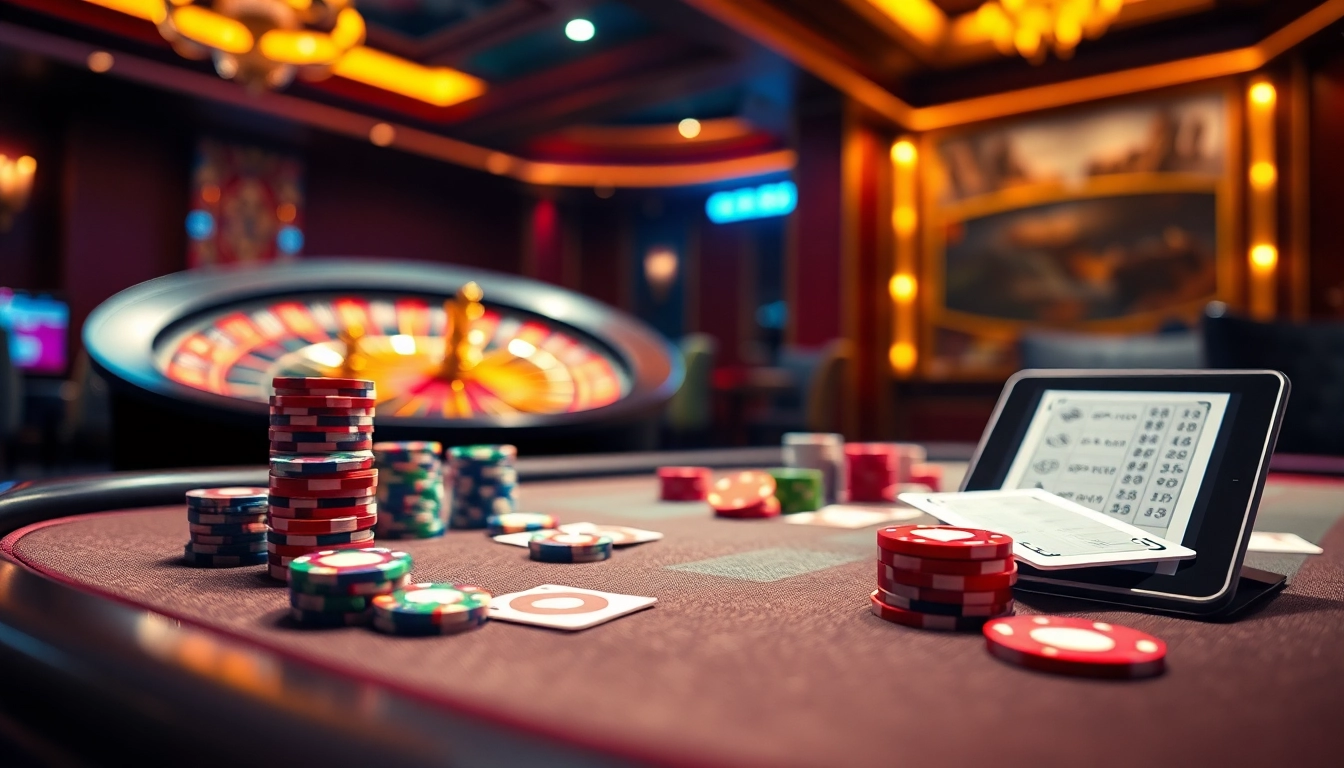 Experience high-stakes excitement at the SC88 poker table with colorful chips and a roulette wheel.