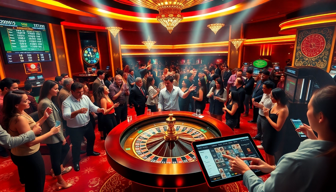Experience the excitement of km1888b with gamblers enjoying games at a luxurious casino.