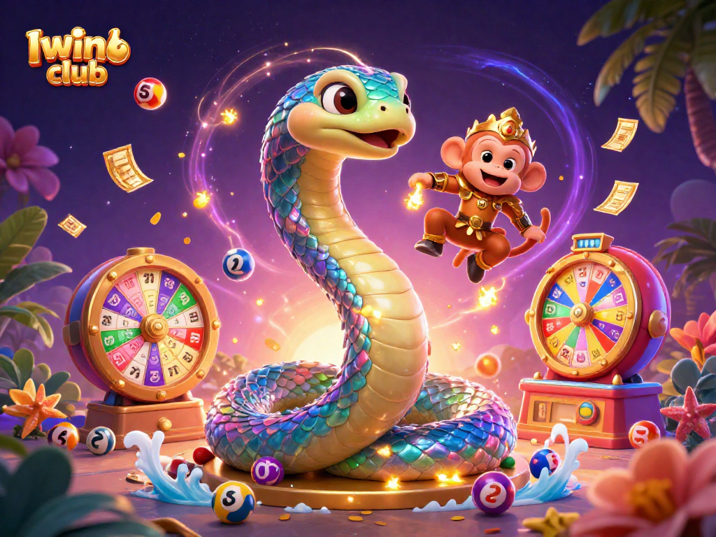 Iwinclub lottery excitement with vibrant balls and animated characters creating magical gameplay atmosphere