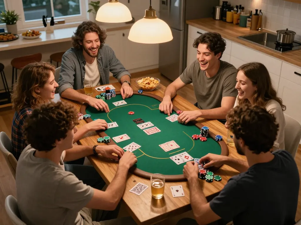 Engaging home poker night scene depicting friends playing poker together, showcasing chips and cards with https://mm88.london/ in the context.