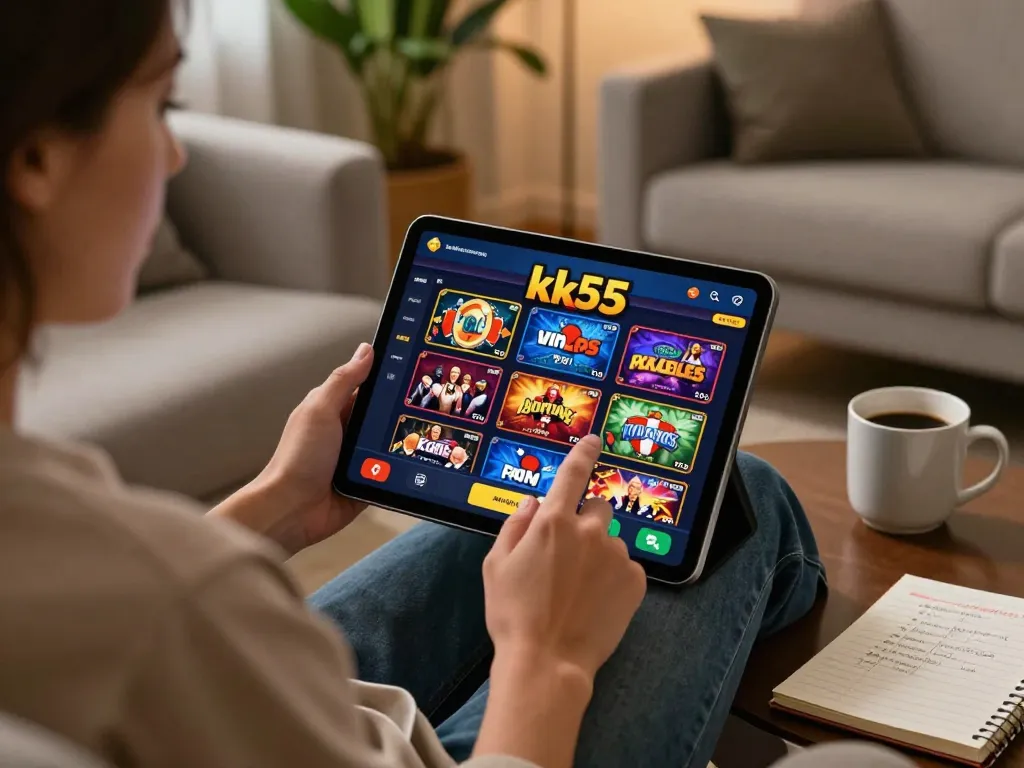 Engaging with the kk55 app on a tablet for online gaming in a cozy living room setting