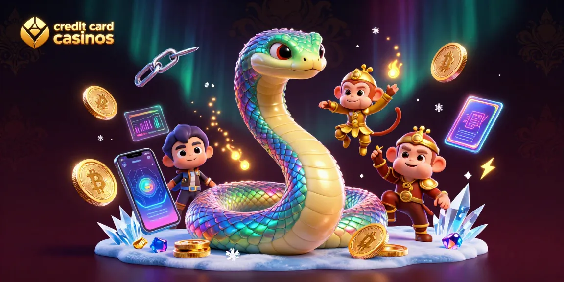 Engaging credit card casinos illustration featuring a rainbow serpent, monkey king, and crypto elements.