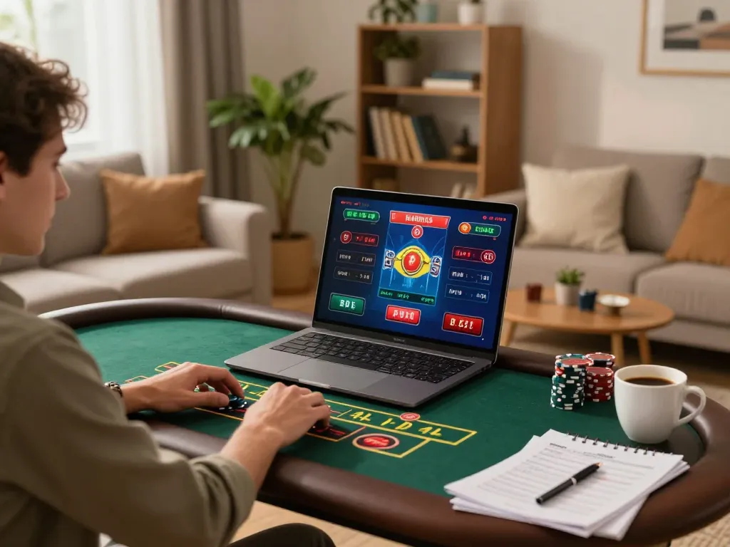 Rachit engages in a live dealer game online, showcasing a stylish home gaming environment with strategic elements.