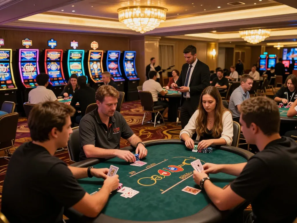 Players actively betting at Luck8 casino, vibrant slot machines and warm lighting create a thrilling atmosphere.