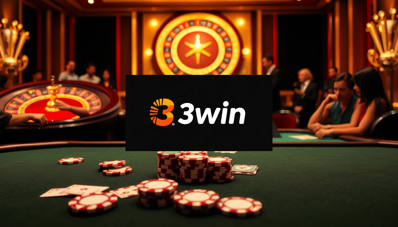 Players at a vibrant casino table experiencing exciting games, with the 3win logo featured prominently.