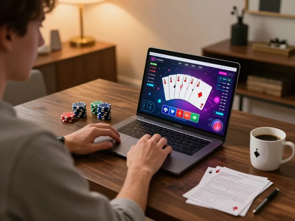 Player analyzing poker strategies with f8betz gaming setup in a stylish home office environment