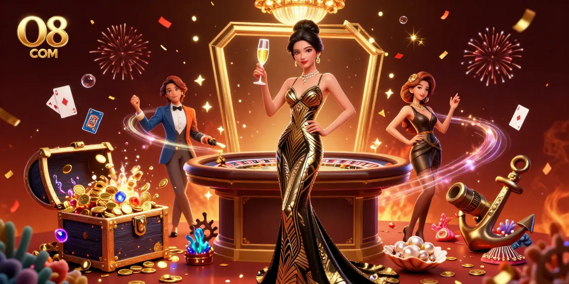 Experience winning thrills at O8 COM's vibrant casino scene with a glamorous Asian woman and dynamic game elements.