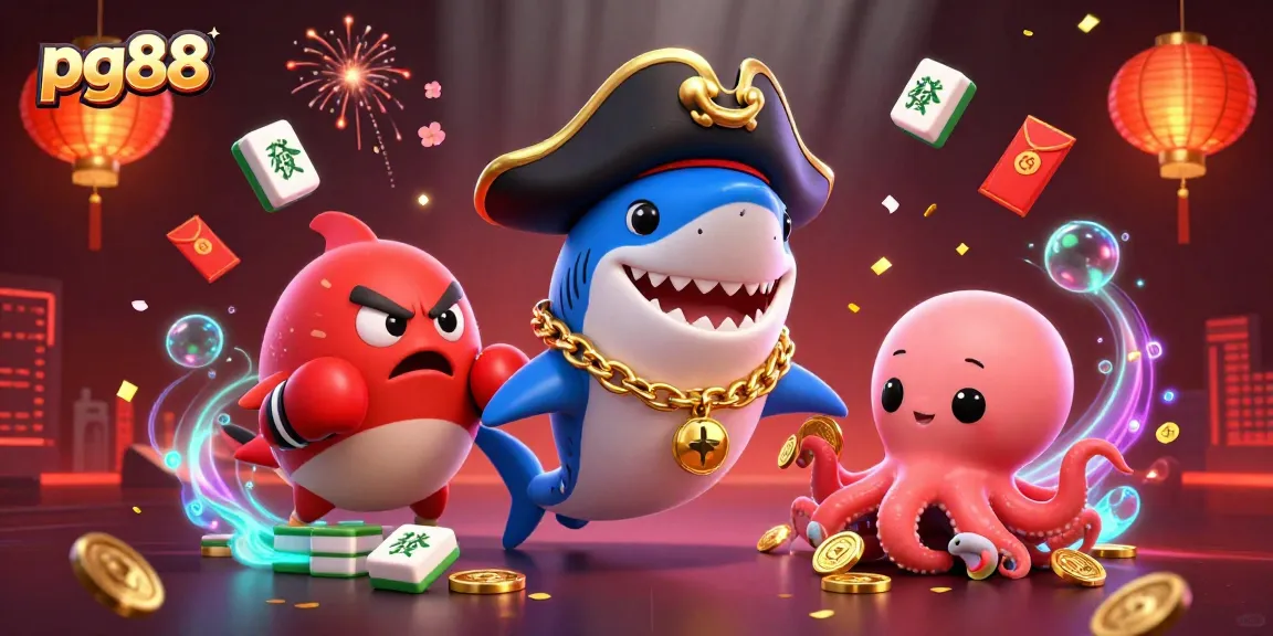 Engage in thrilling gaming at pg88 featuring cartoon characters, gold coins, and festive elements