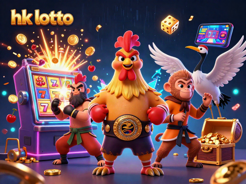 Engage with hk lotto excitement in a lively 3D illustration featuring dynamic characters and casino elements.