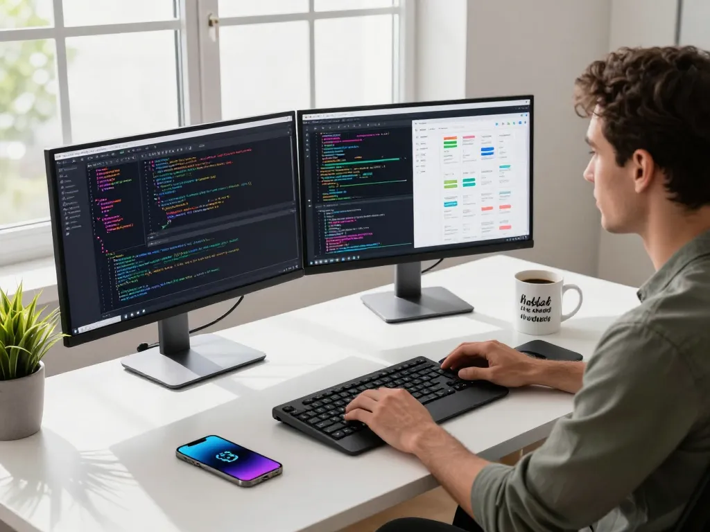 Developer coding in an open workspace with the Open Claw AI interface visible, highlighting productivity and innovation.