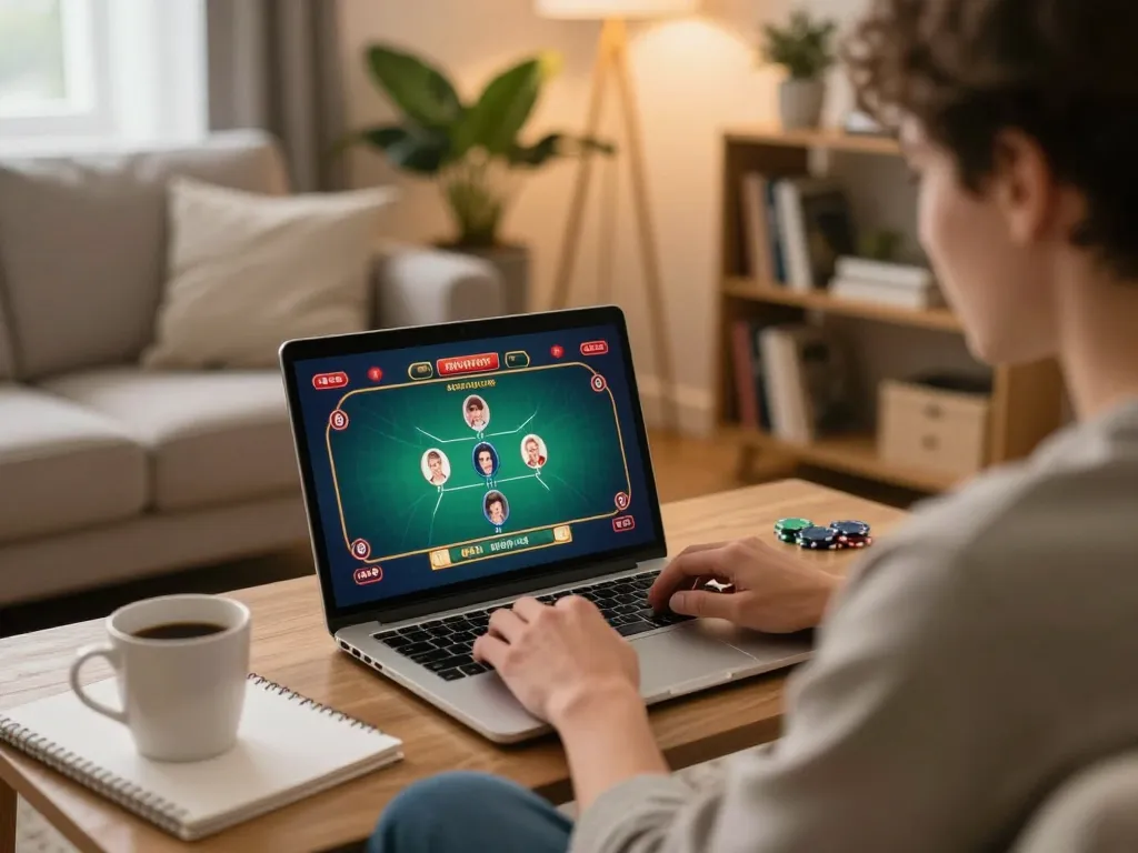 Player enjoying online poker gaming with pucuk138 in a cozy living room setting