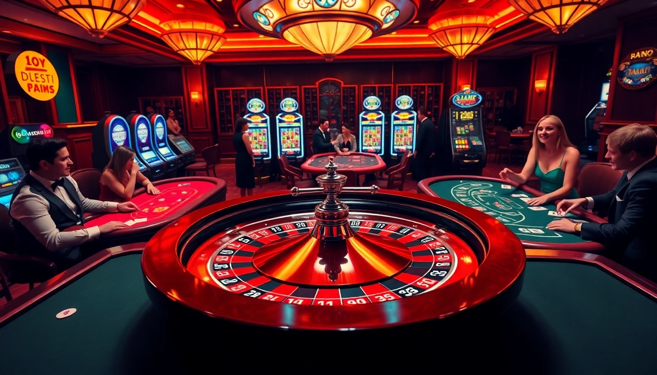 Experience the thrill of gaming at https://du88i.com/ with a luxury casino scene featuring roulette, poker, and slot machines.