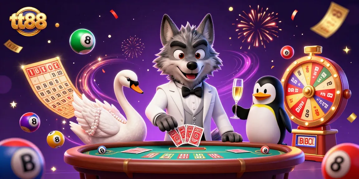 Engage in thrilling gameplay at tt88 with vibrant illustrations of casino characters and festive elements.