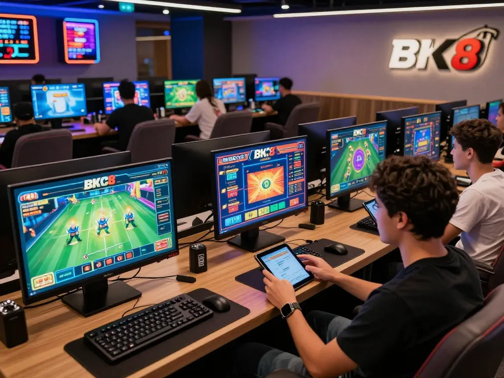 Players immersed in BK8 gaming experience with vibrant graphics and modern lounge.