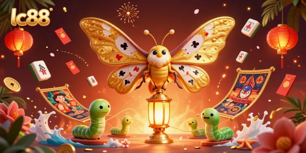 Engage with lc88’s vibrant casino world, featuring an atlas moth and golden lanterns amidst dynamic gambling elements.