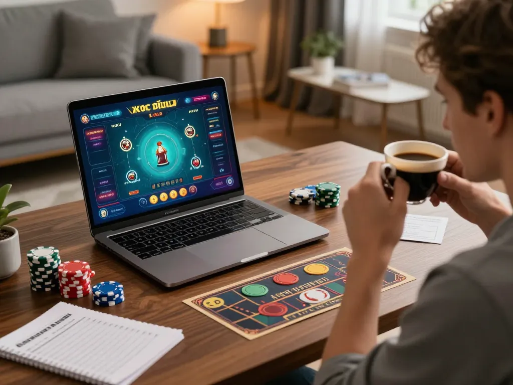 Xóc đĩa online gameplay in a comfortable home setting with strategic elements visible.