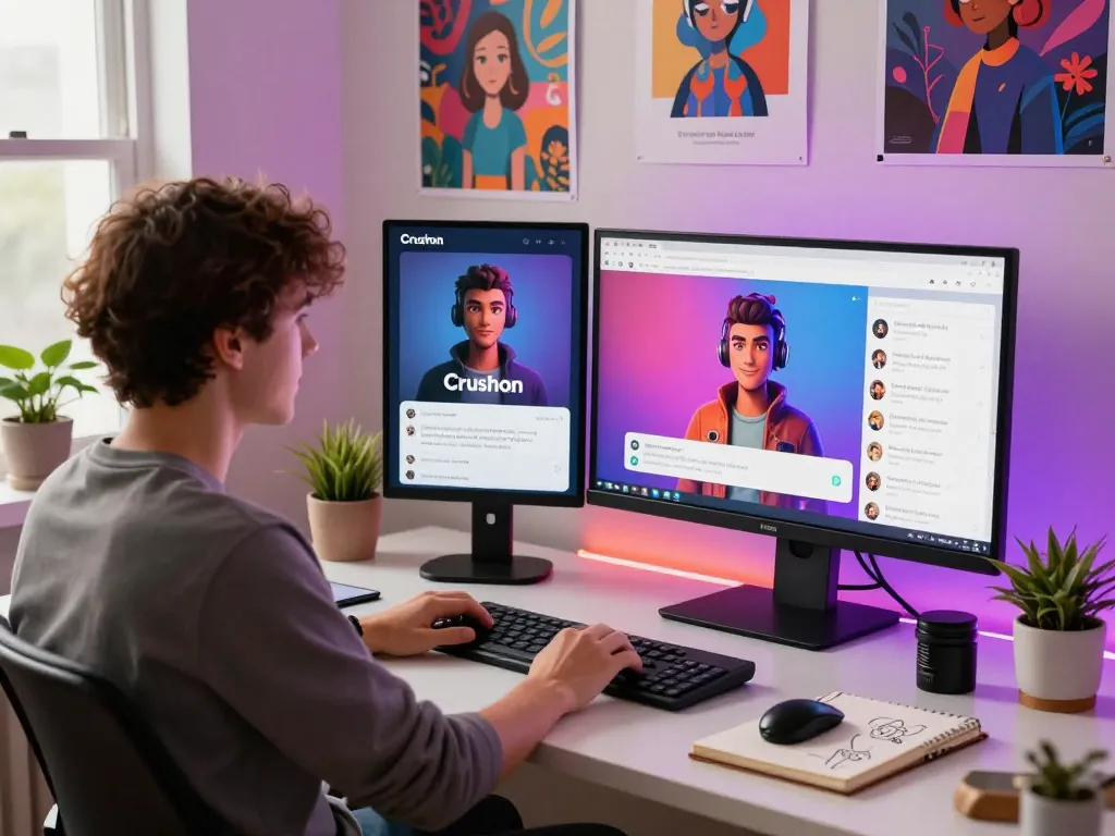 Engaging user chatting on Crushon AI platform at a modern home office desk.