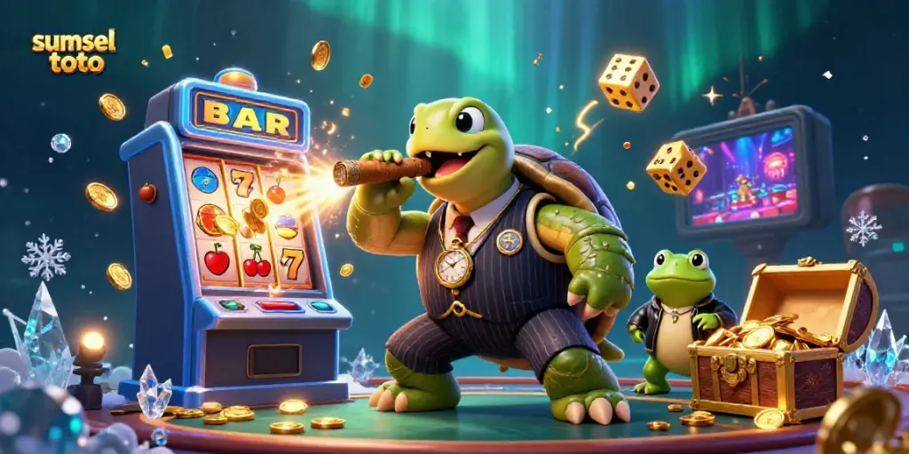 Experience thrilling gaming action with sumsel toto featuring a cartoon turtle mobster and slot machine excitement.