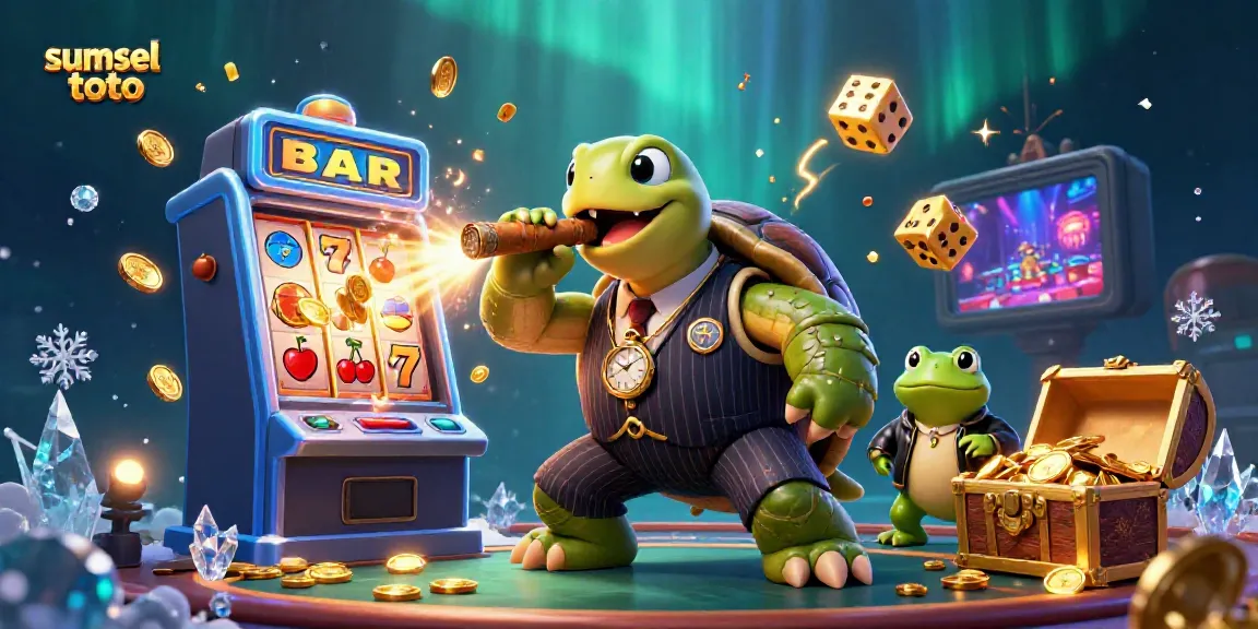 Experience thrilling gaming action with sumsel toto featuring a cartoon turtle mobster and slot machine excitement.