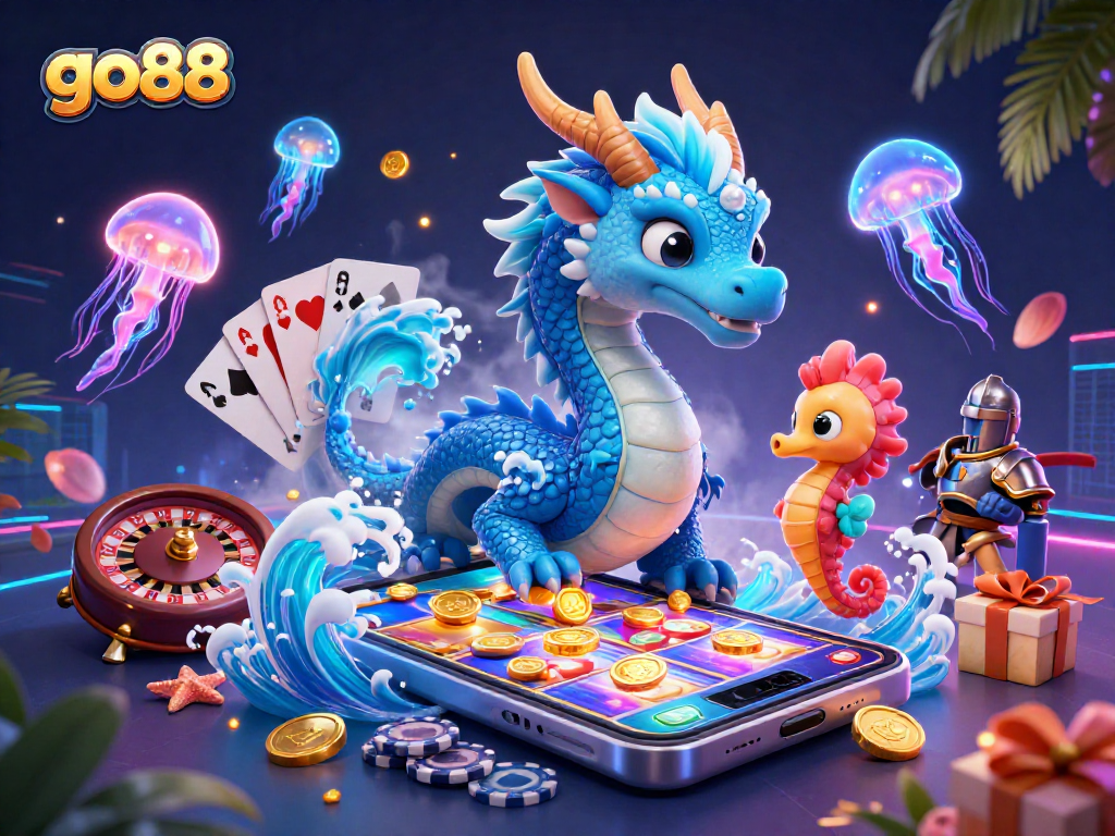 Experience the excitement of go88 with a vibrant underwater scene featuring a dragon and animated casino elements.
