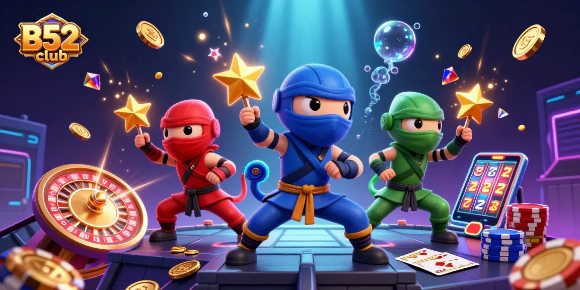 Experience thrilling games with B52club's vibrant illustrated scene of a ninja chameleon team amidst cascading coins.