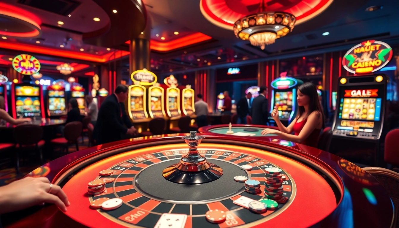 Players excitedly placing bets at GA888 Casino tables, showcasing vibrant gaming action.