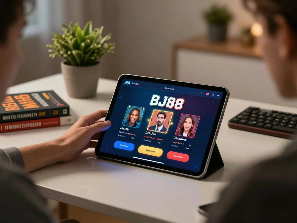 Engage with BJ88 casino app in a cozy home gaming setup showcasing strategic play