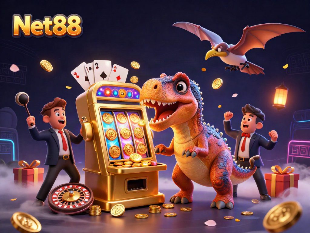Net88 slots scene with dinosaur characters, jackpot win surrounded by casino elements.