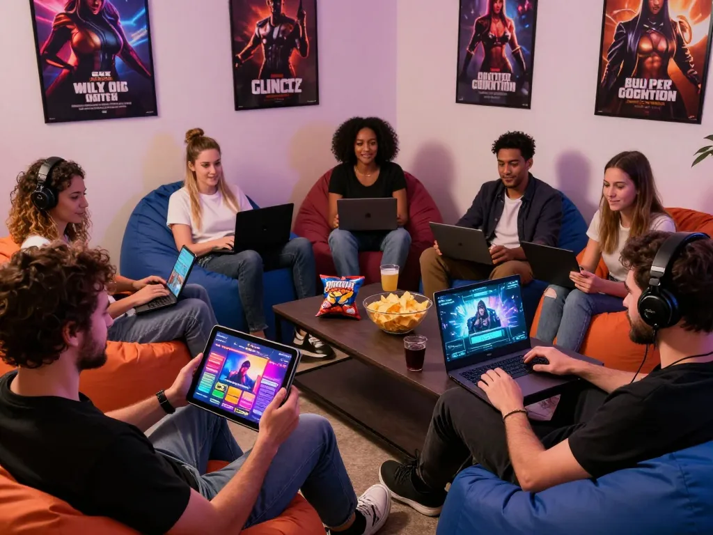 Engaged adults playing a sex game on various devices in a cozy lounge setting
