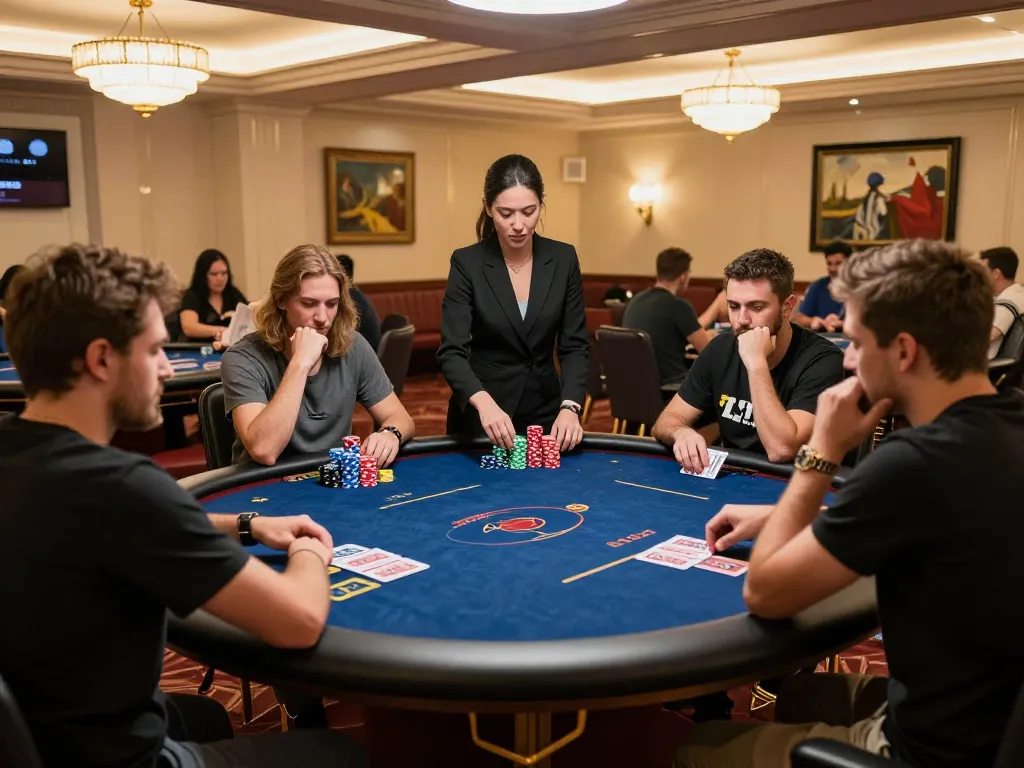 Players in an intense kkwin poker game surrounded by luxurious decor