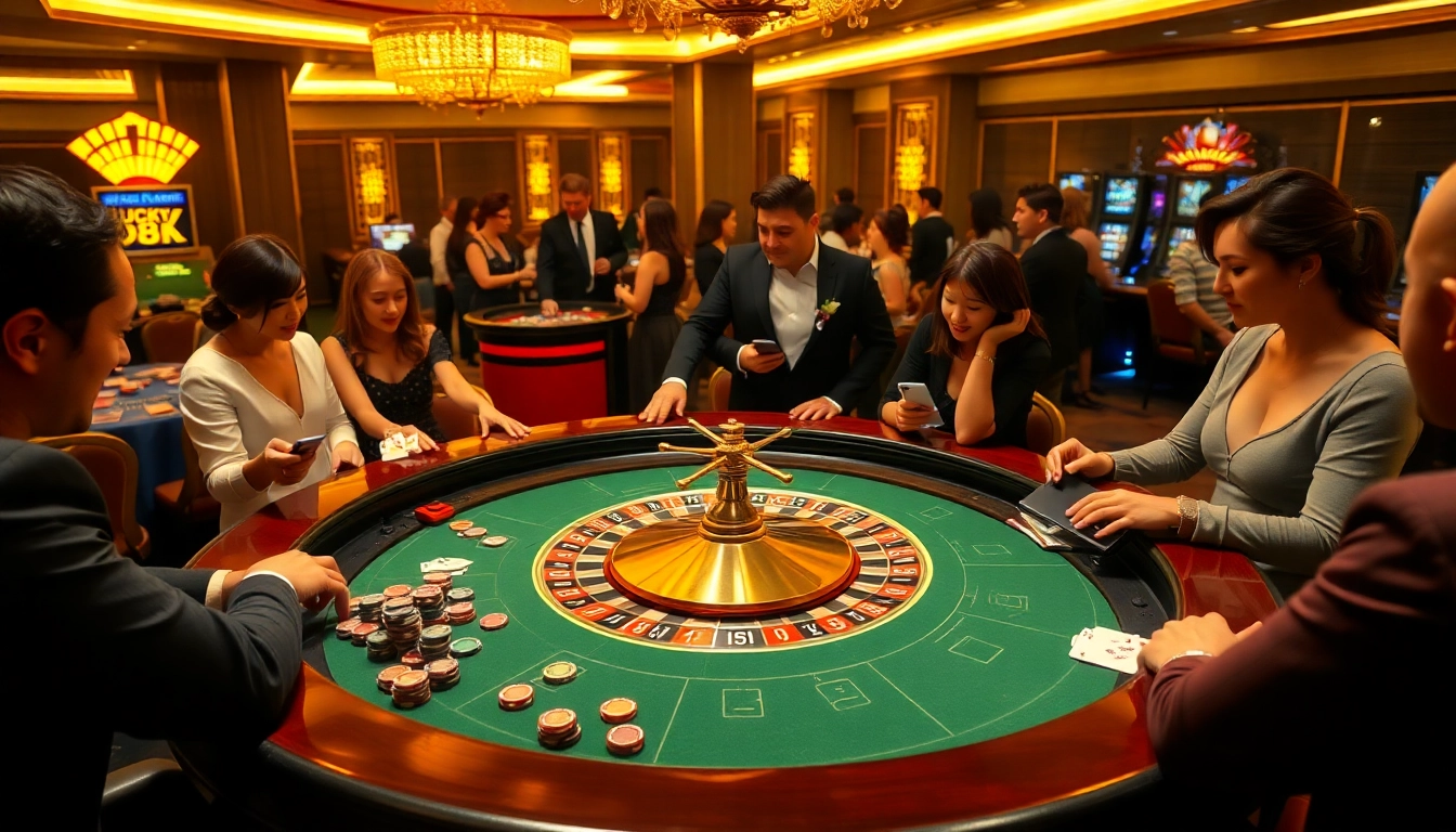 Experience Cá cược Lucky88 with vibrant casino action featuring roulette, poker chips, and excited players.