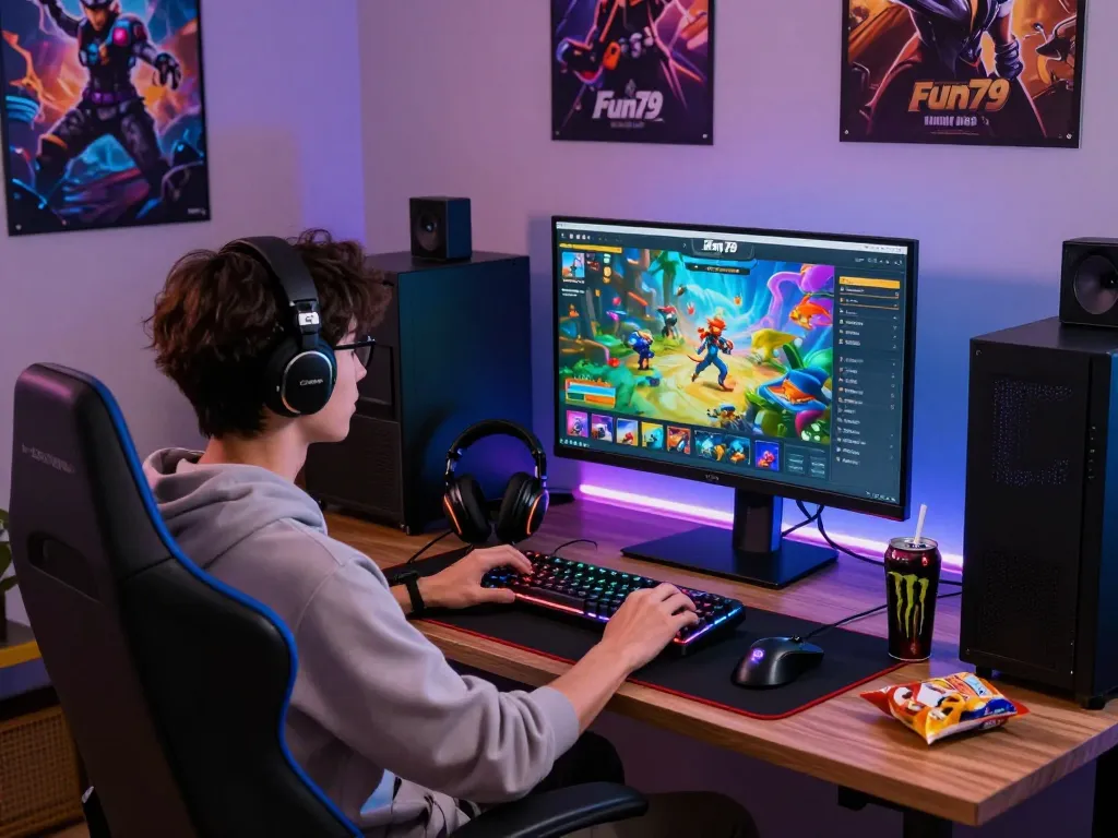 Fun79 gaming enthusiast immersed in vibrant online fishing game environment showcasing colorful graphics and gaming peripherals.