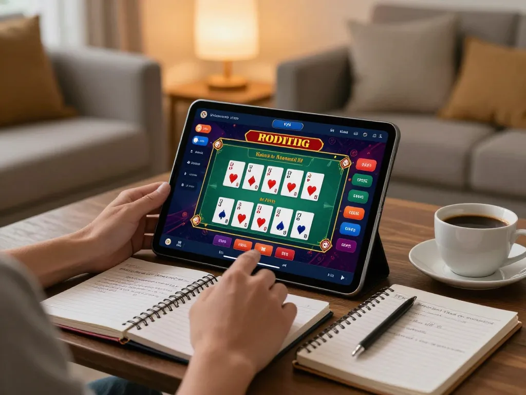 Engaging in online gaming via lc88 đăng nhập on a tablet while managing a betting strategy notebook at home.