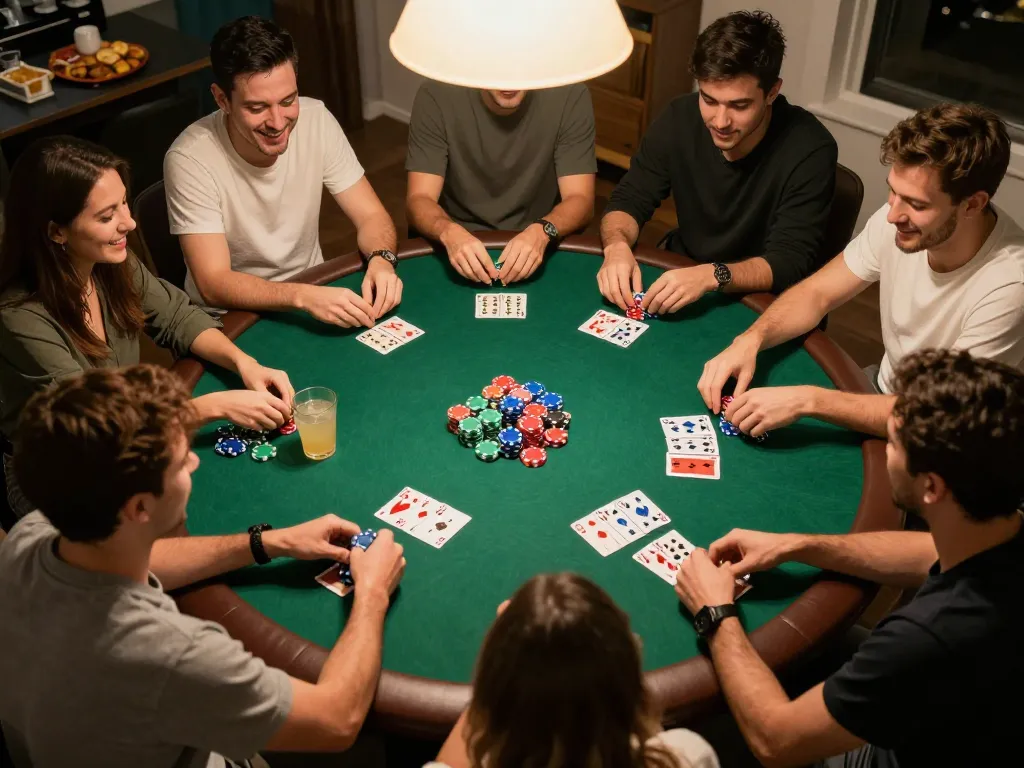 Cổng game Dwin enthusiasts playing poker at home gathered around a vibrant green felt table, demonstrating strategic game moments.
