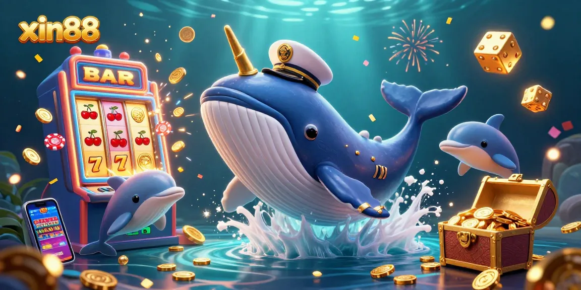 Watch xin88 whale breaching through coins and playful dolphins performing tricks in a vibrant casino scene.