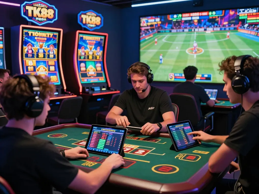 Players enjoying the TK88 online gaming platform, highlighting live casino excitement, colorful slots, and sports betting.