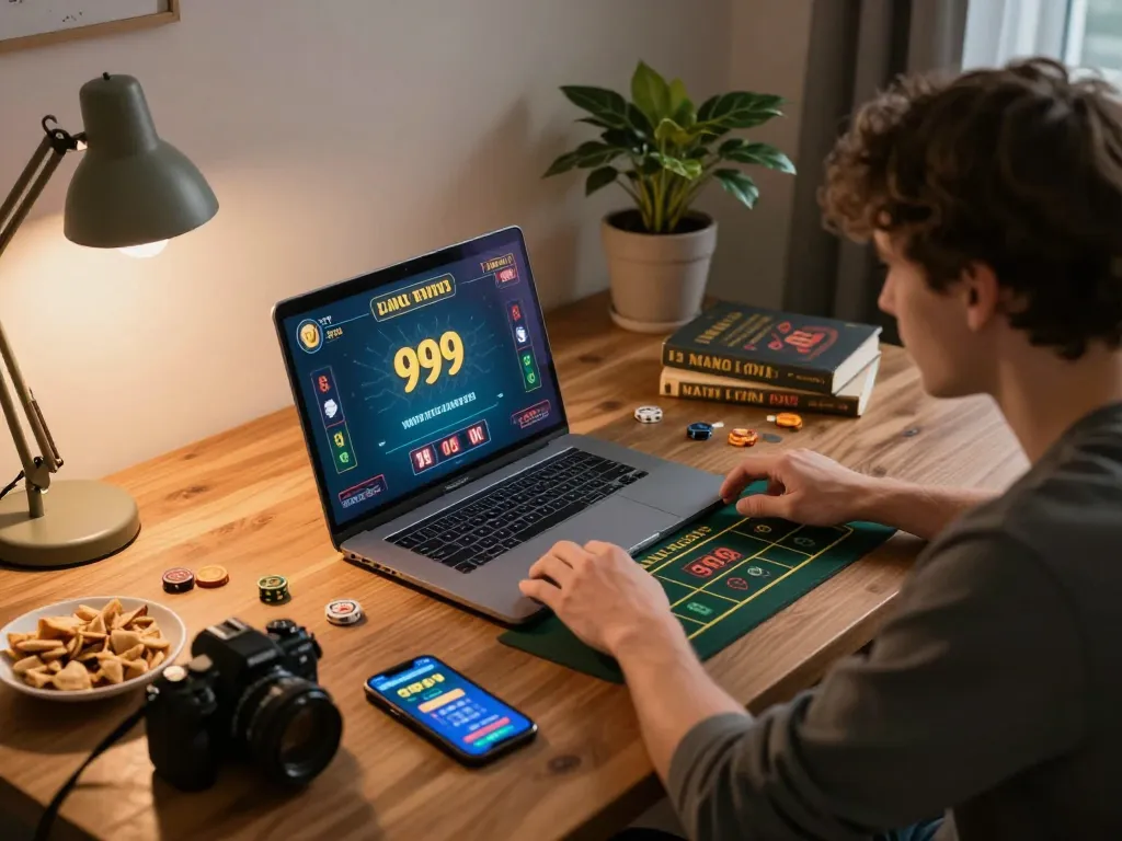 Engaged player enjoying 999bet live dealer game on laptop in cozy home setting.