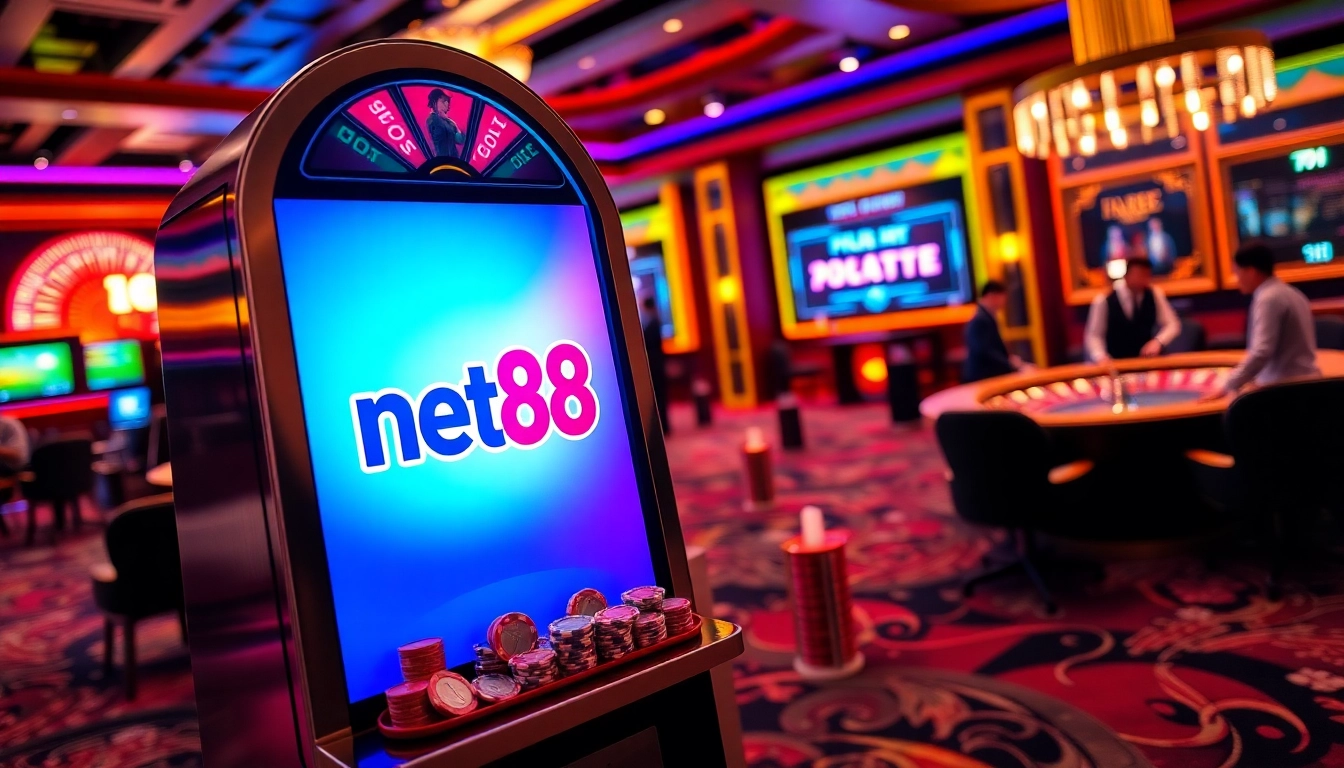 Experience thrilling gameplay with the net88 app on a luxurious casino interface featuring slot machines and roulette.