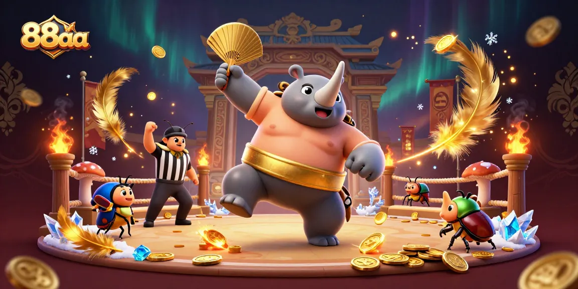 88aa casino scene with a beetle champion stomping coins, showcasing a vibrant gambling atmosphere