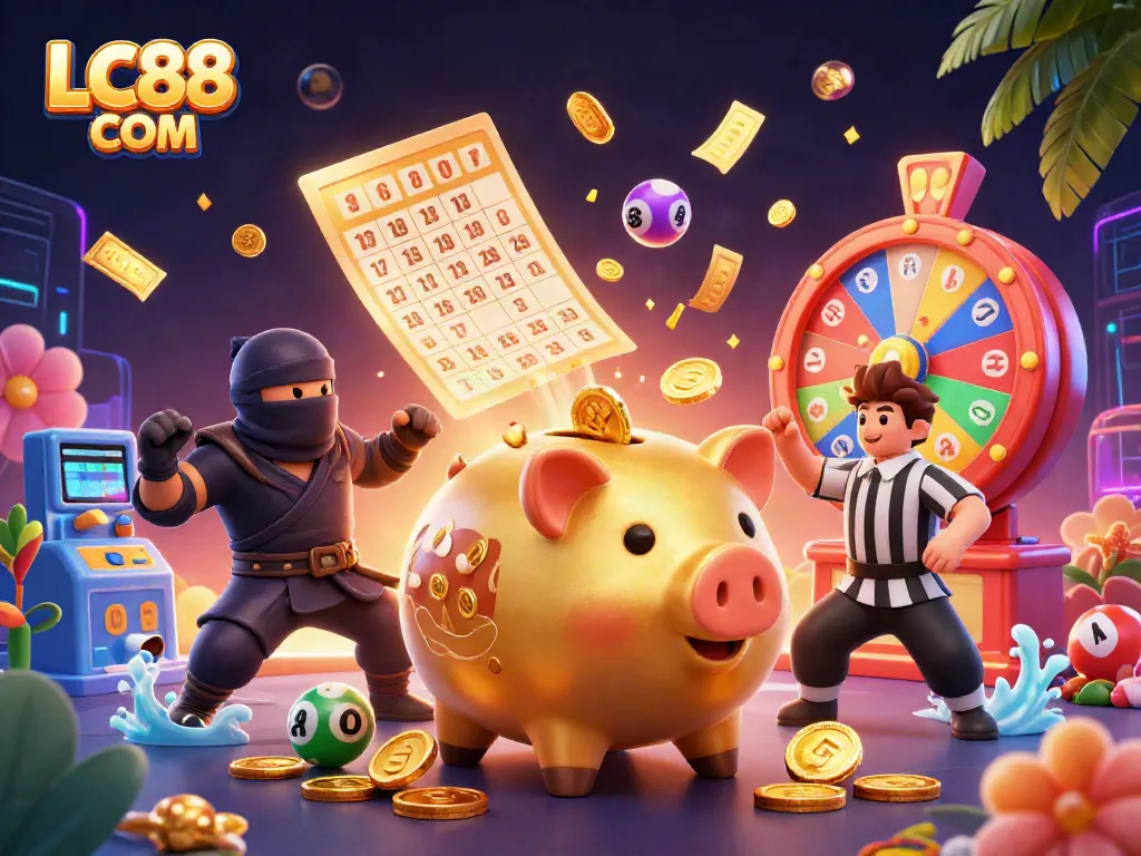 Experience thrilling wins at LC88 COM with vibrant 3D illustration featuring lively casino action elements.