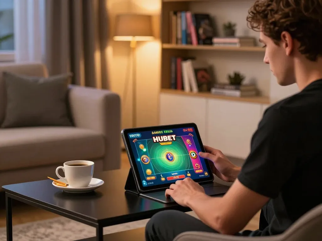 Player enjoying Hubet casino game on tablet in cozy modern living room.