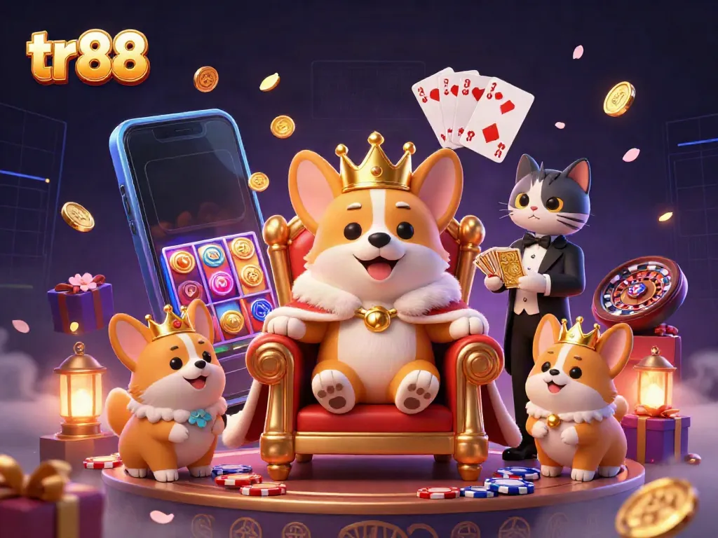 Engage with tr88 in a vibrant casino scene featuring a royal corgi on a throne of poker chips, amidst gaming elements.