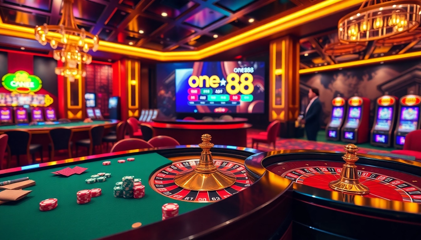 Experience thrilling gameplay with the one88 app featuring poker chips and roulette wheel.