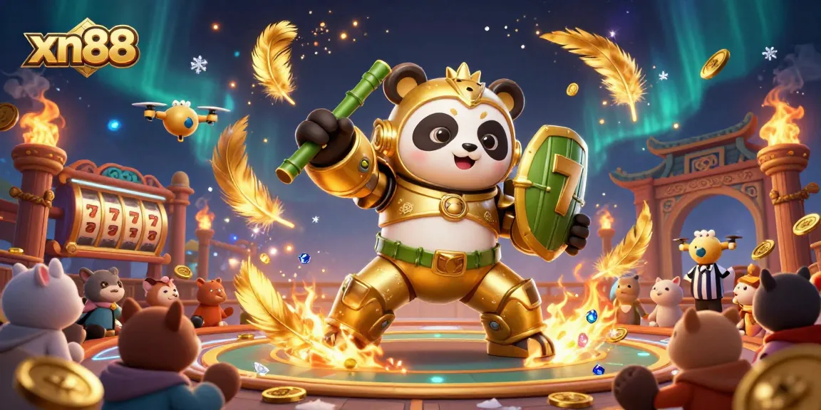 Experience thrilling gameplay at xn88 with a dynamic 3D casino scene featuring a golden panda in a robot arena.