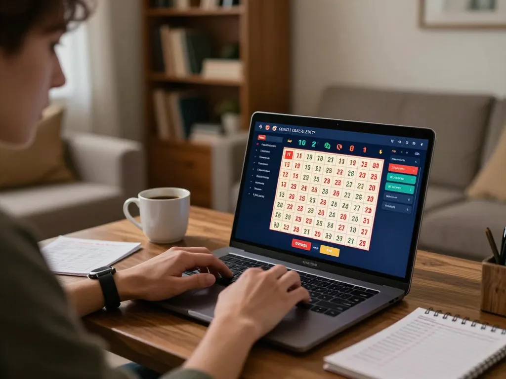 Engaged player using online portal for lô đề uy tín with strategic betting notes in a cozy home environment