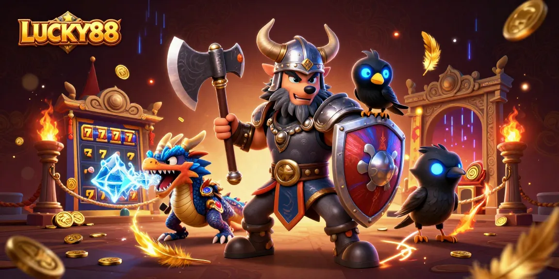 Spin the reels at LUCKY88 with a thrilling Viking warrior and magical creatures in a dynamic casino scene.
