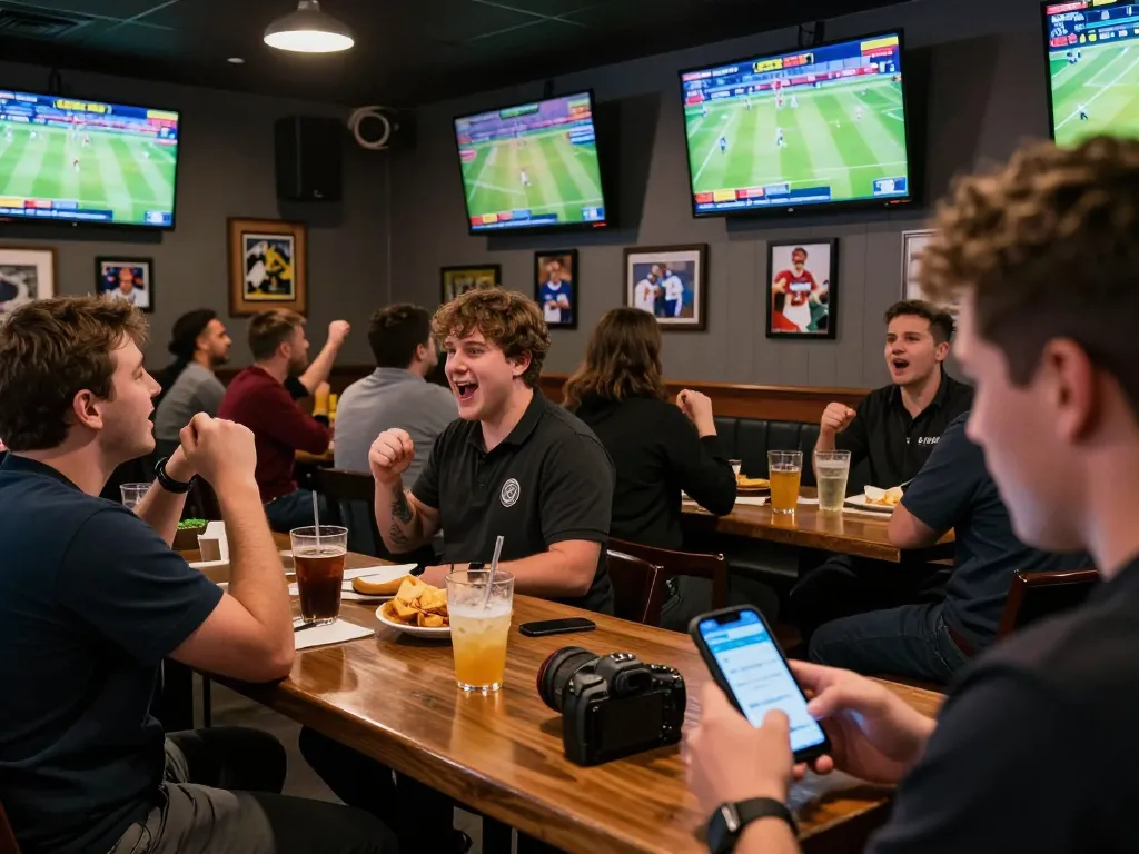 Excited sports fans engaging with cm88 betting app during live game, vibrant atmosphere.