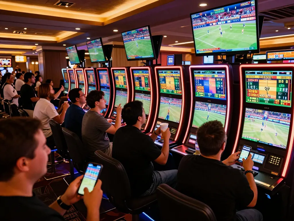 fly88 enthusiasts placing bets during live sports events in an exciting casino atmosphere