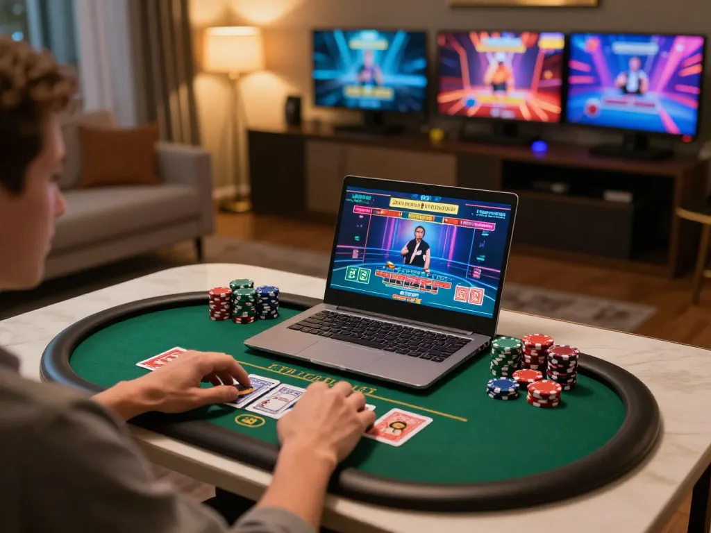 Gambling enthusiast enjoying online gaming on a laptop, immersed in the 88clbgo casino experience.